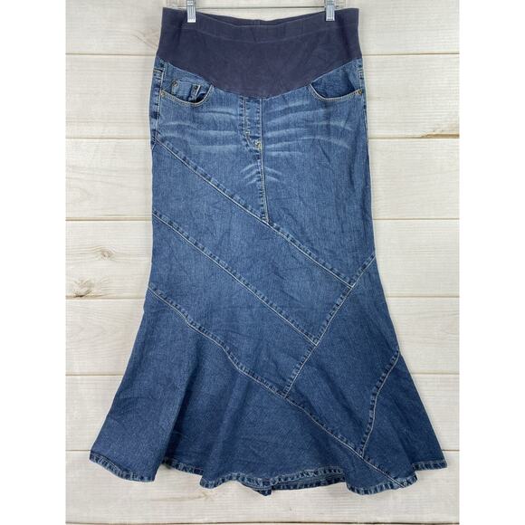 Motherhood Maternity Jean Skirt Sz M Mermaid Modest Stretch Denim Maxi Pockets - Picture 1 of 9